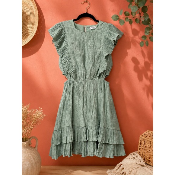 vestique Dresses & Skirts - Vestique Sage Green Crinkle Ruffle Mini Dress Side Cut Out